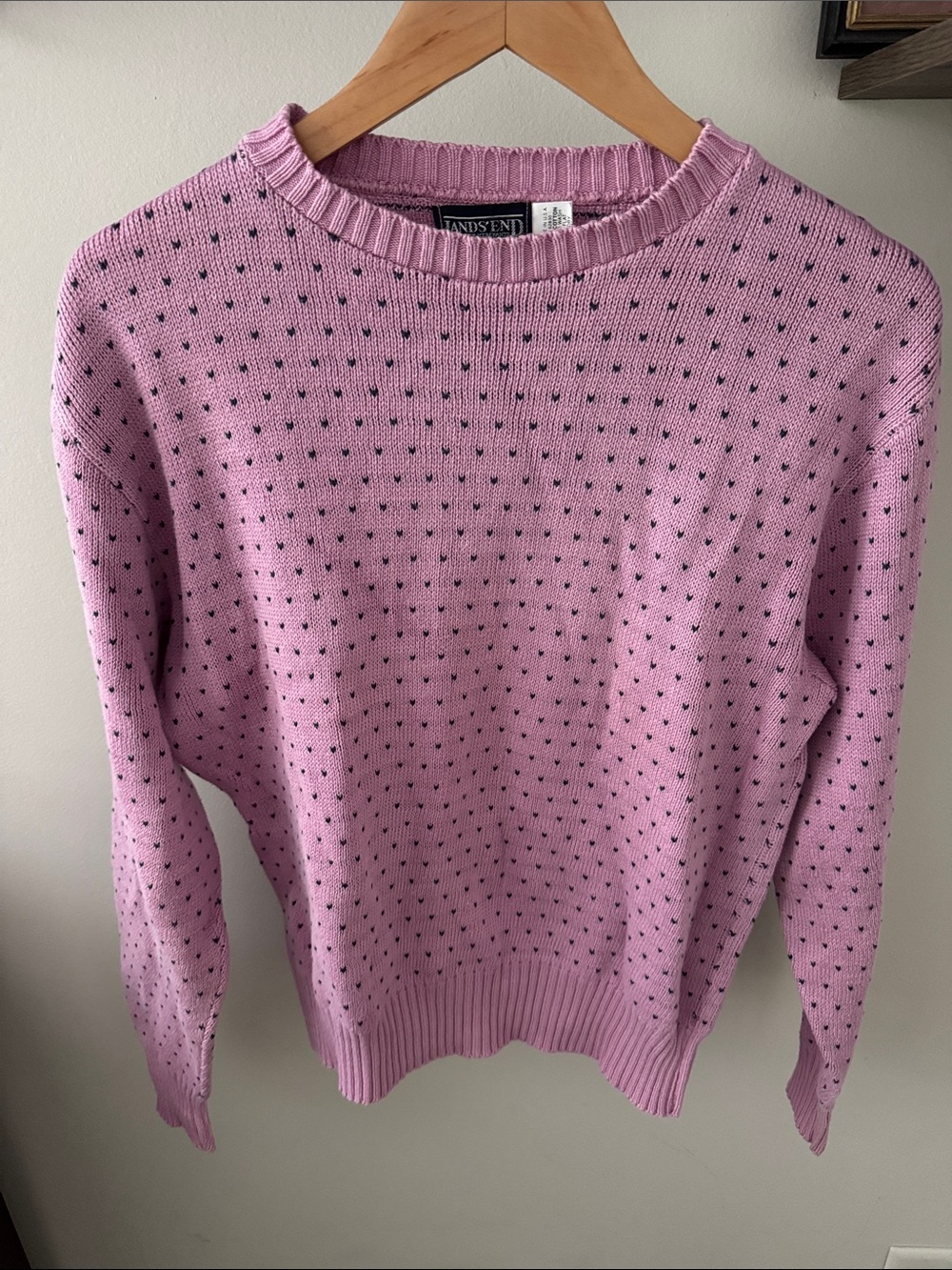 Lands' End Lilac Crewneck Sweater with Navy Dot Stitching